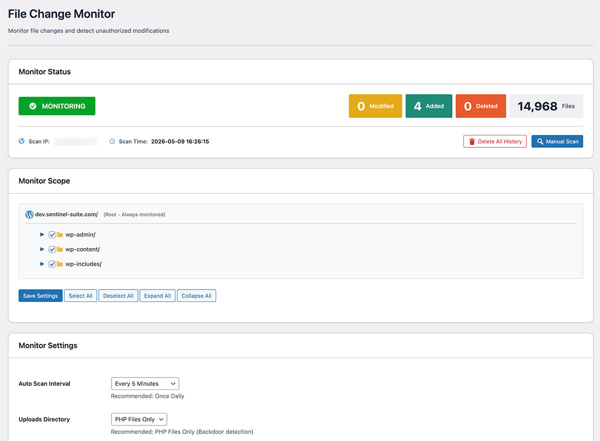File Integrity Monitoring settings screen