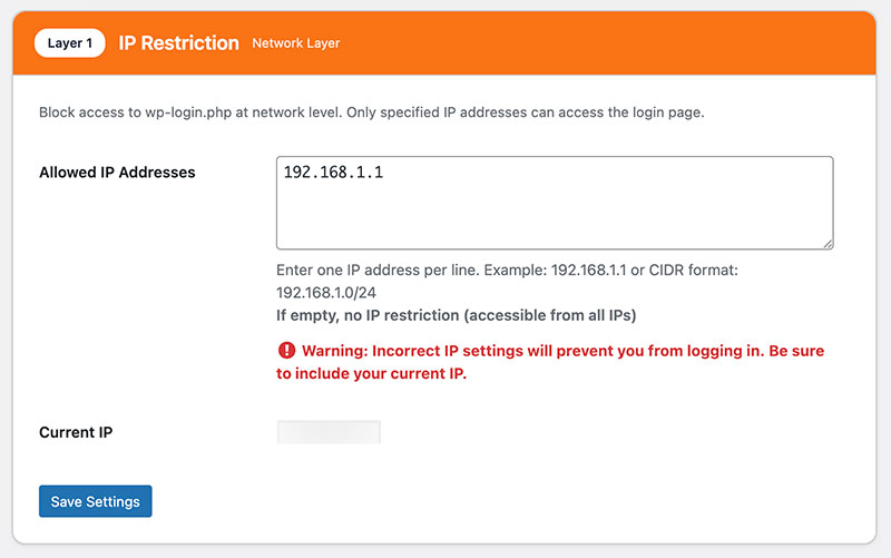 IP Restriction settings screen