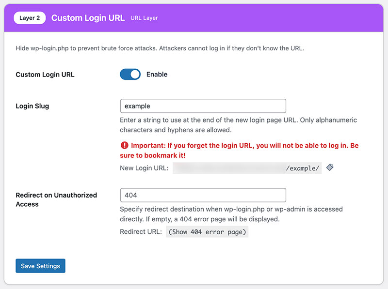 Custom Login URL settings screen