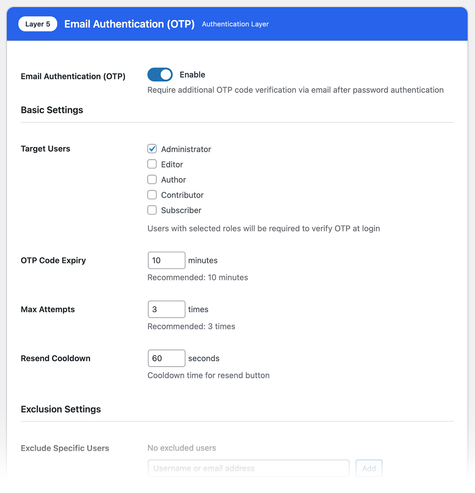 Email OTP settings screen