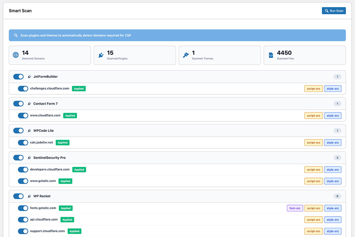 Content-Security-Policy settings screen