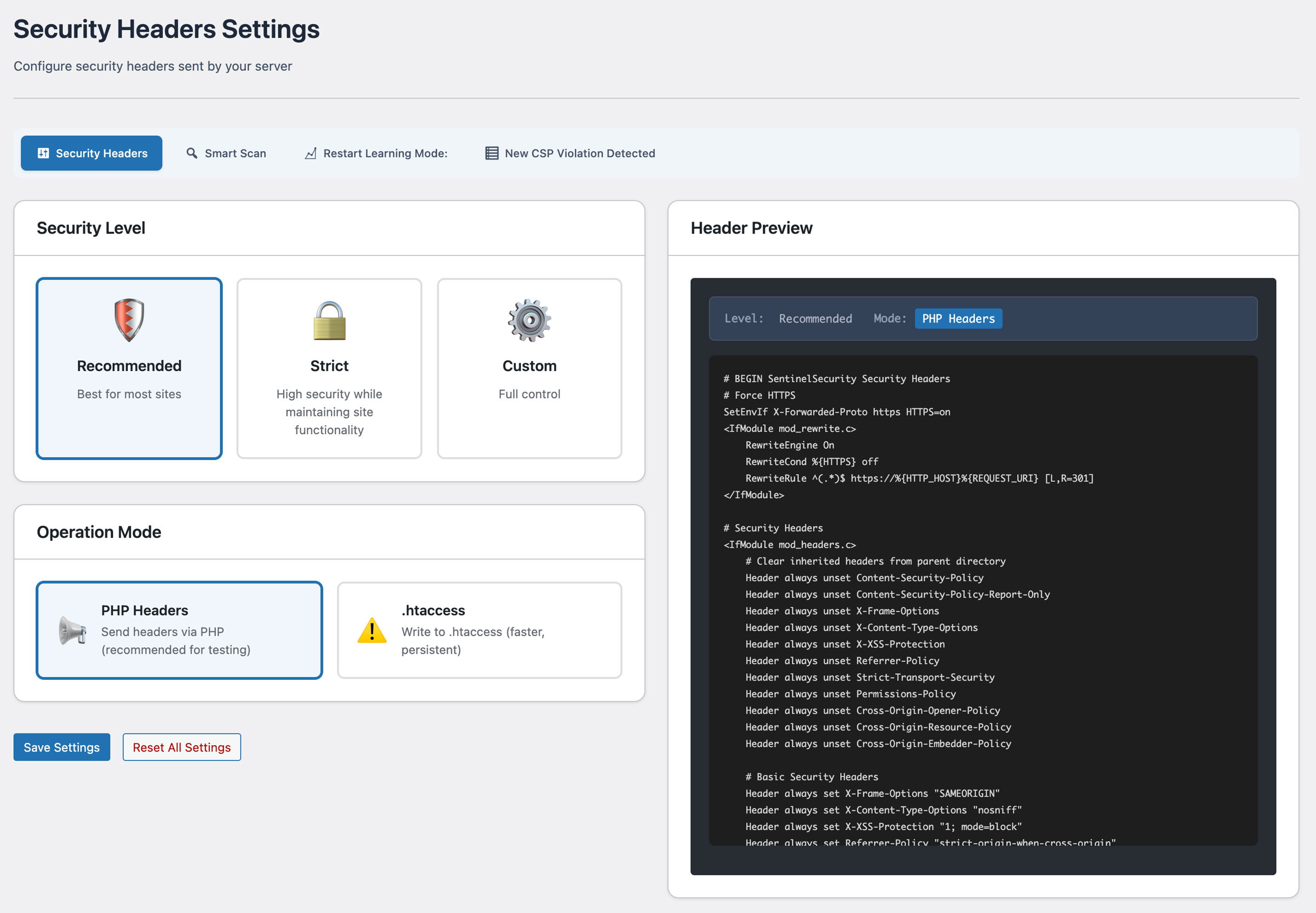 Security Header Settings screen