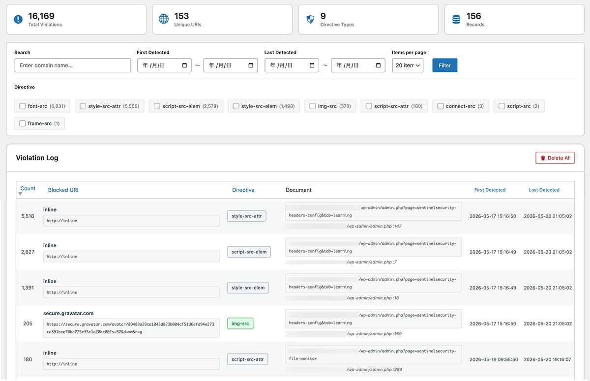 Learning Mode — CSP violation report screen